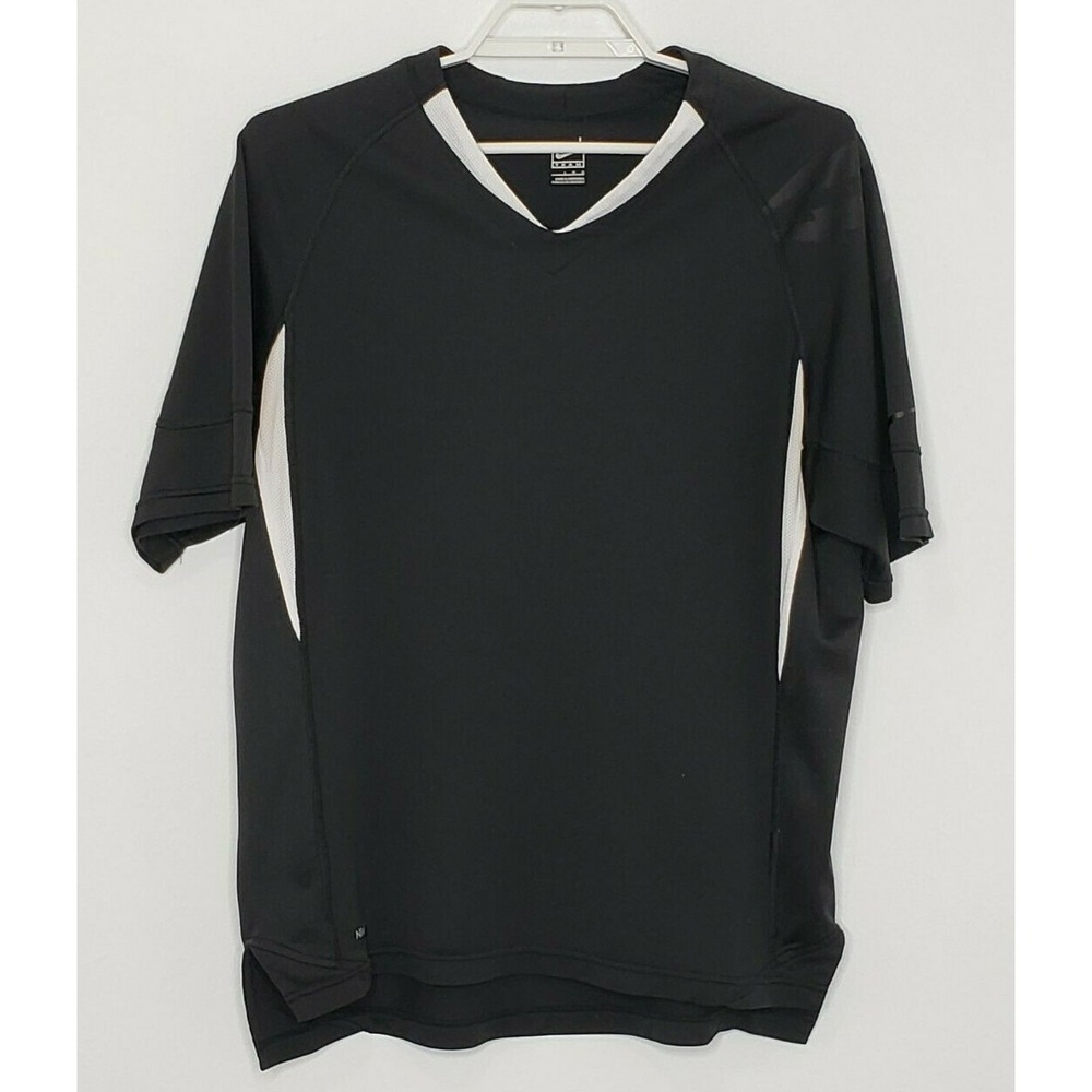 Nike Mens Shirt Large S/S Black White Mesh V-Neck Team Nike Fit Sportswear Shirt